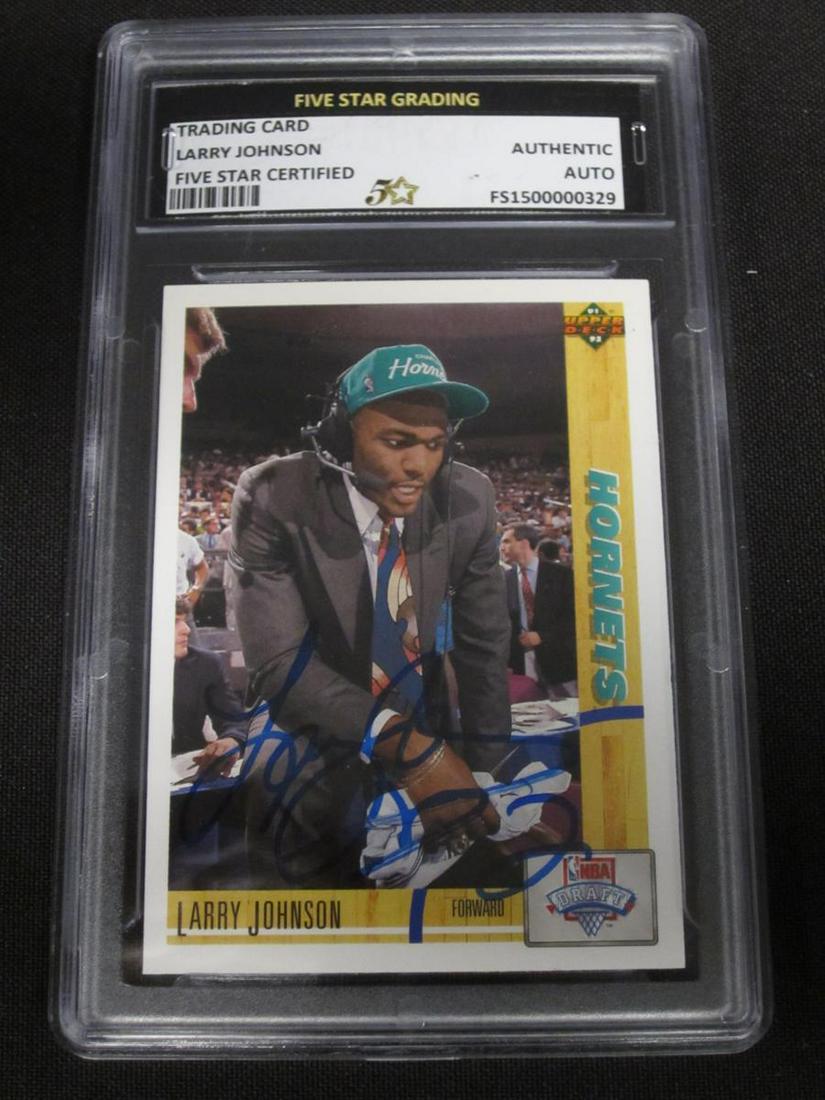 91-92 UD LARRY JOHNSON RC AUTOGRAPH: 1991-92 UPPER DECK LARRY JOHNSON AUTHENTIC AUTOGRAPH ROOKIE CARD PROFESSIONALLY AUTHENTICATED AND ENCASED BY FIVE STAR GRADING