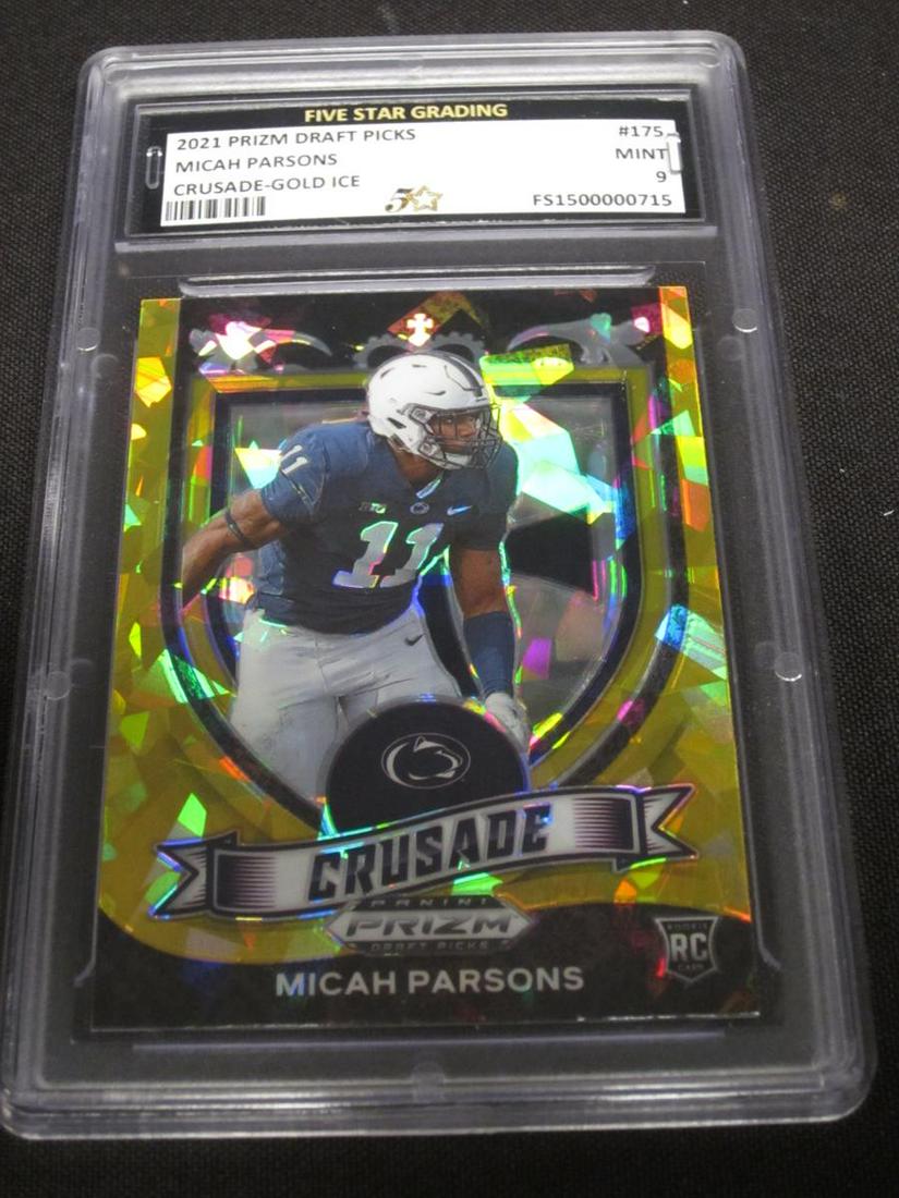 21 PRIZM MICAH PARSONS RC MINT 9: VERY NICE 2021 PANINI PRIZM DRAFT MICAH PARSONS GOLD ICE PRIZM CRUSADE ROOKIE CARD PENN STATE NITTANY LIONS GRADED FIVE STAR GRADING MINT 9 VERY NICE CARD PROFESSIONALLY GRADED & ENCASED