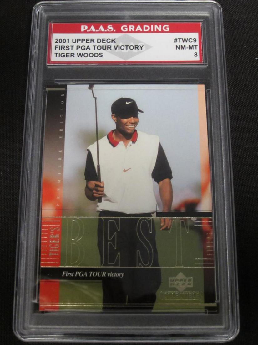 01 UD TIGER WOODS PAAS NM-MT 8 RC: VERY NICE 2001 UPPER DECK TIGER WOODS CAREER BEST FIRST PGA TOUR VICTORY ROOKIE CARD GRADED PAAS NM-MT 8 VERY NICE CARD PROFESSIONALLY GRADED & ENCASED
