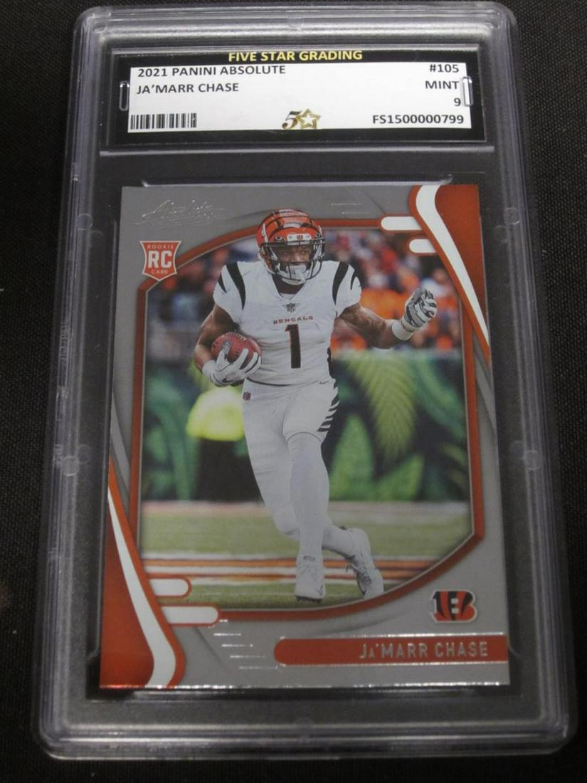 21 ABSOLUTE JA'MARR CHASE RC MINT 9: VERY NICE 2021 PANINI ABSOLUTE JA'MARR CHASE HOLOFOIL ROOKIE CARD GRADED FIVE STAR MINT 9 CINCINNATI BENGALS VERY NICE CARD PROFESSIONALLY GRADED & ENCASED