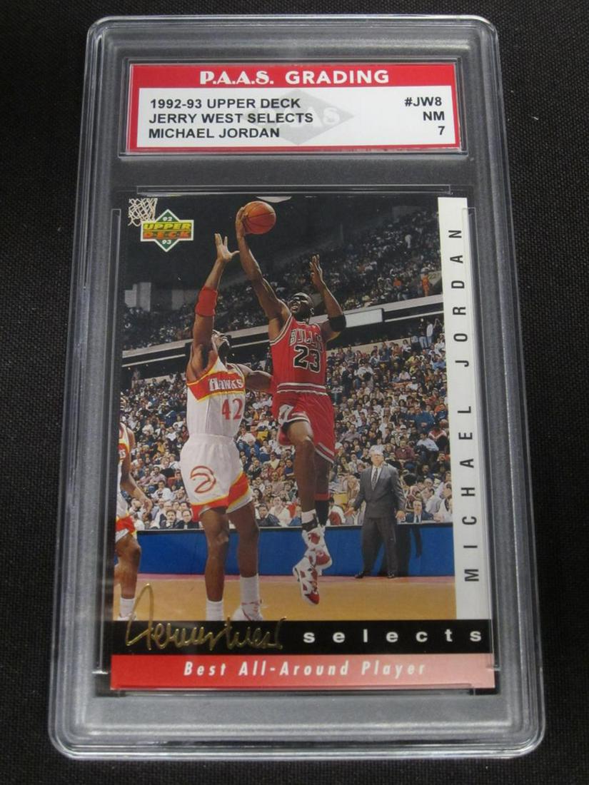 92-93 UD MICHAEL JORDAN PAAS NM 7: VERY NICE 1992-93 UPPER DECK JERRY WEST SELECTS BEST ALL AROUND PLAYER MICHAEL JORDAN PAAS NM 7 CHICAGO BULLS VERY NICE CARD PROFESSIONALLY GRADED & ENCASED