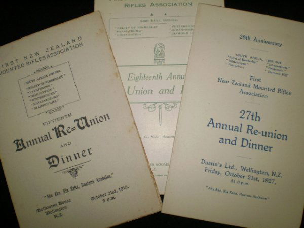 Boer War Re-Union Dinner Programmes.: Boer War Re-Union Dinner Programmes., First N.Z. Mounted Rifles Association re-unions, 1915, 1918 and 1927. Based on 1900 being the starting point these were the 15th, 18th and 27th re-unions. Detaili