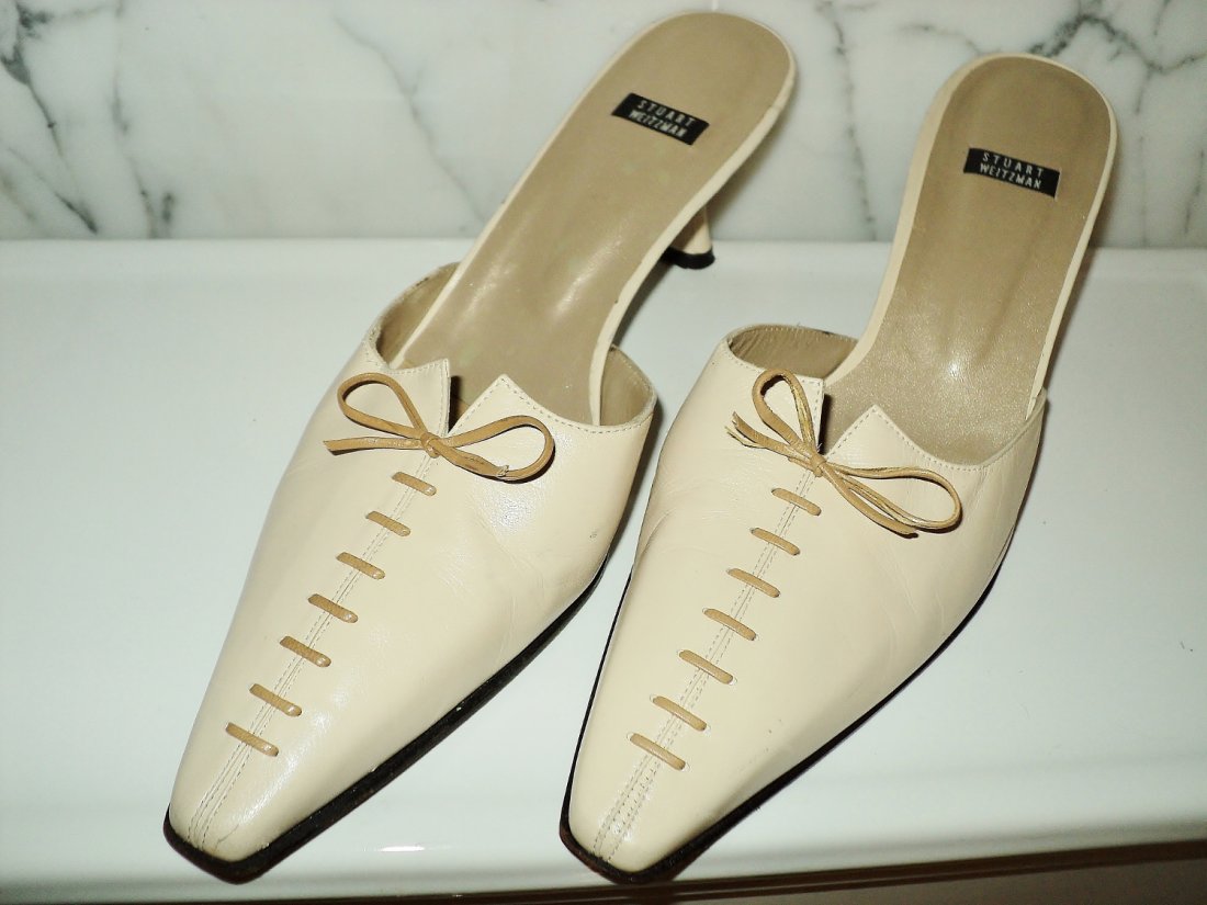 Stuart Weitzman Leather Open Back Pump Shoes Lace Front: These are Beautiful Open back Spring Open backs Pumps with Laced front.All Leather beautifully Made and Finished.Front Bow Size 10 1/2 BInsole-11"Outsole-12"heel-3"