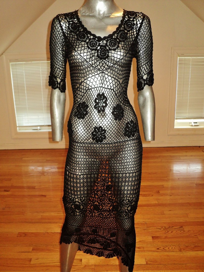 Vintage 1960 Flapper Dress Crochet Beaded Scalloped Hem: This is an Amazingly Stunning all Hand Crochet Flapper type dress Asymmetrical high Low Scalloped hem Line Cut out Floral design. Just to Die for.From The Helms Estate A Size Small but will Stretch be
