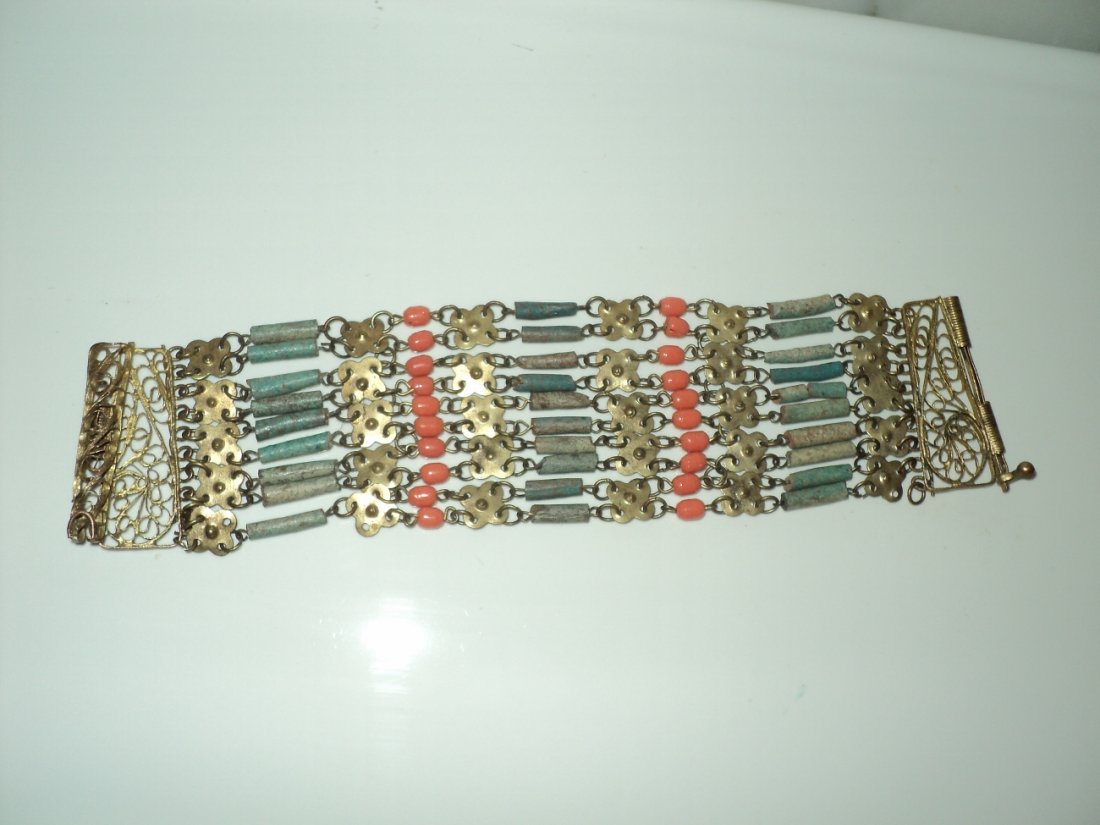 Egyptian Revival Metal Bracelet Filigree Coral/Aqua (1 of 8)