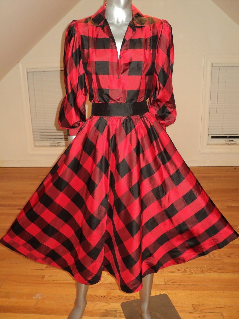 Full Sweep 1950 Red Checker Dress Silk Bangkok Thailand (1 of 8)