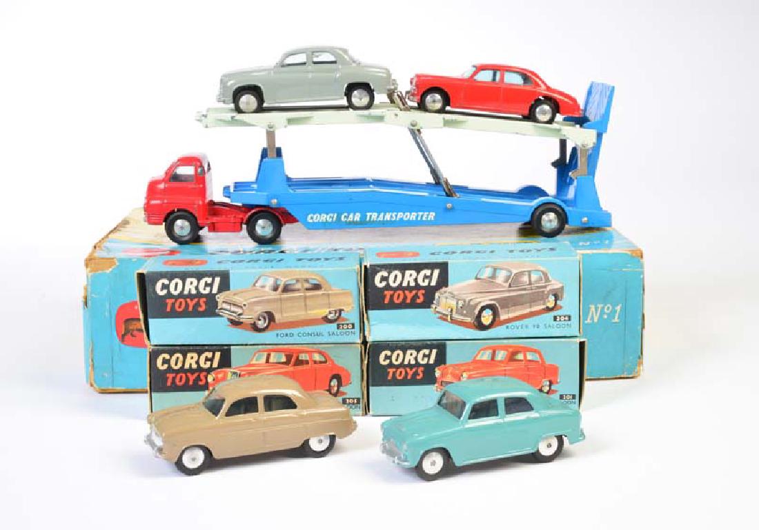 Corgi Toys, Carrimore Car Transporter Set mit 4 PKW: Corgi Toys, Carrimore Car Transporter Set mit 4 PKW (amerikanische Version) GS 1, England, 1:43, Druckguss, Okt Z 1-, min. LM, Z 1-