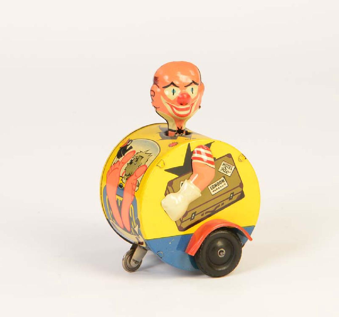 Bub, Clown in der Tonne: Bub, Clown in der Tonne, W.-Germany, 13 cm, Blech, UW ok, min. LM, Z 1-