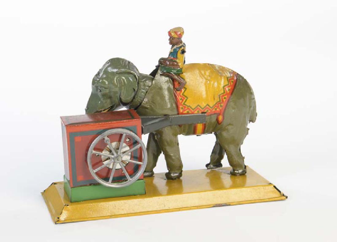 Hans Eberl, Antriebsmodell Elefant mit Reiter: Hans Eberl, Antriebsmodell Elefant mit Reiter, Germany, 23 cm, Blech, Funktion ok, schoener Originalzustand, Z 1