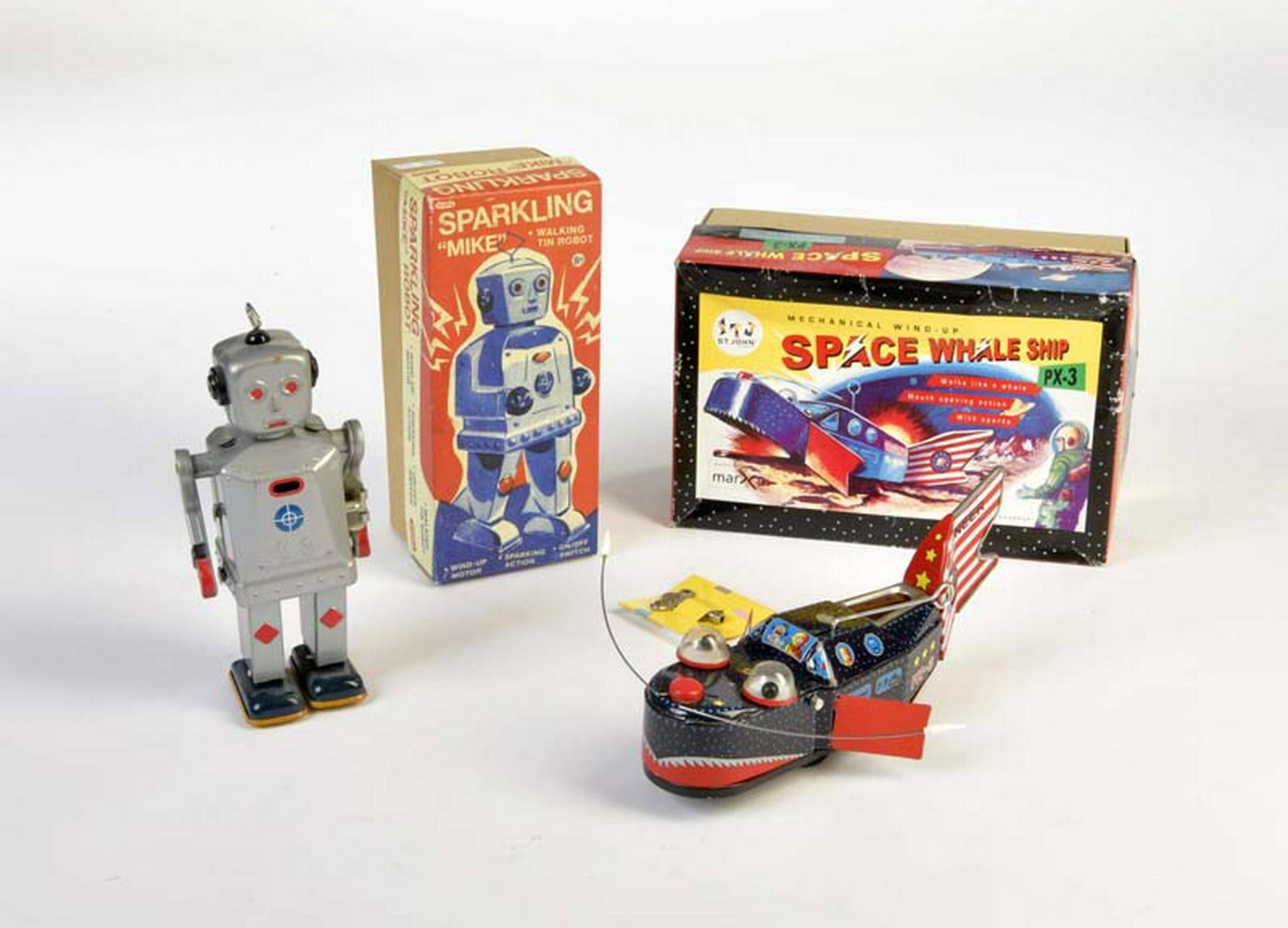 Schylling, Marxu, Sparkling Mike Robot + Space Whale: Schylling, Marxu, Sparkling Mike Robot + Space Whale Ship,tin, cw ok, original box, C 1/1-