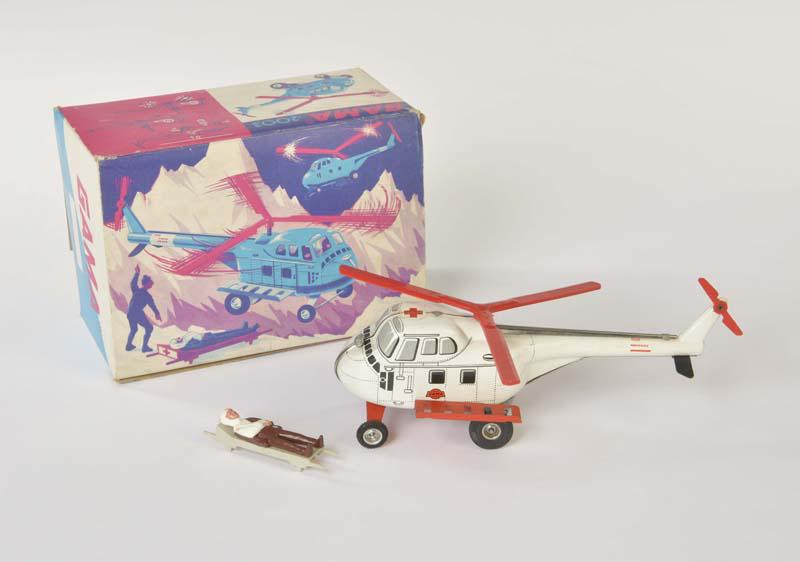 Gama, Hubschrauber 2002: Gama, Helicopter 2002, W.-Germany, tin, with stretcher + figure, friction ok, box C 1, C 1