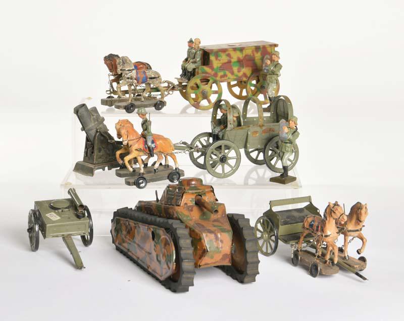 Lineol u.a., Konvolut Gespanne, Panzerwagen, Haeuser (1 of 1)