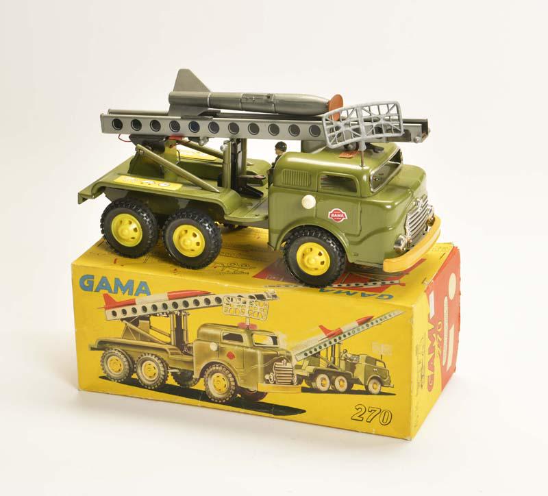 Gama, Raketentransporter: Gama, Rocket Transporter, W.-Germany, tin, friction ok, box, rubber has to be replaced, otherwise very good condition
