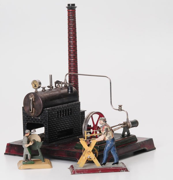 Doll: Doll, steam engine with burner, Germany, prewar, tin, + 2 drive-models, mixed condition, Deutsche Beschreibung: Doll, Dampfmaschine mit Brenner, Germany VK, 30x40 cm, Blech, + 2 Antriebsmodelle, gemis