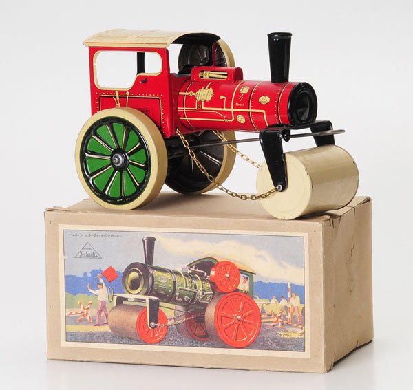 Technofix: Technofix, roller, US Zone Germany, tin, windup ok, original box condition 1, condition 1, Deutsche Beschreibung: Technofix, Walze, US Zone Germany, 25 cm, Blech, Uhrwerk ok, Okt Z 1, Z 1, (2691)