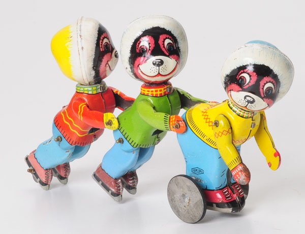 Eflim: Eflim Lemerz, Skatin Cats (like TPS), Greece, tin, windup gets stuck, visually condition 2, Deutsche Beschreibung: Eflim Lemerz, Skating Cats (wie TPS), Greece, 22 cm, Blech, Uhrwerk hakt, optisch Z 2