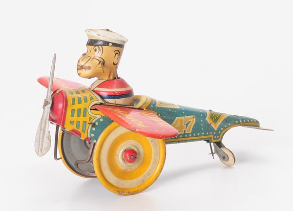 Marx: Marx, Popeye Airplane, USA, tin, windup ok, paint damage, condition 2, Deutsche Beschreibung: Marx, Popeye Airplane, USA, 22 cm, Blech, Uhrwerk ok, Lackmängel, Z 2, (1997)
