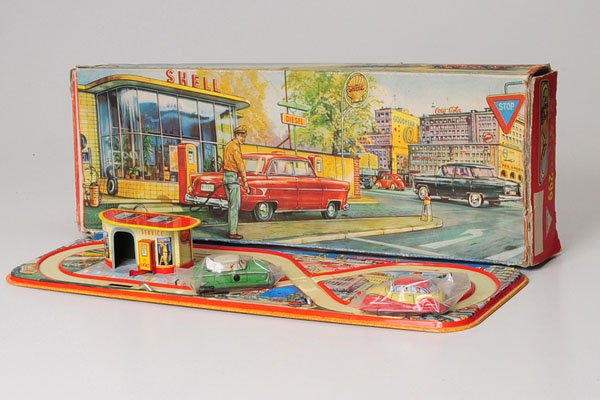 Technofix: Technofix, Petrol station track, W.-Germany, tin, windup ok, original box condition 2+, stop sign missing, otherwise condition 2 Deutsche Beschreibung: Technofix, Tankstellenbahn, W.-Germany, Blech, U