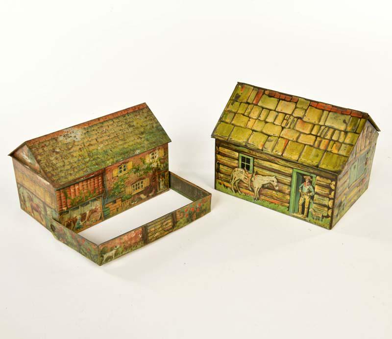 2 Keksdosen "Farmhaeuser": 2 Biscuit Cans "Farm Houses", tin, part. paint d.