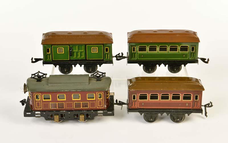 Bing, E-Lok + 3 Wagen: Bing, Electrical Loco + 3 Wagons, Germany, gauge 0, tin, C 1