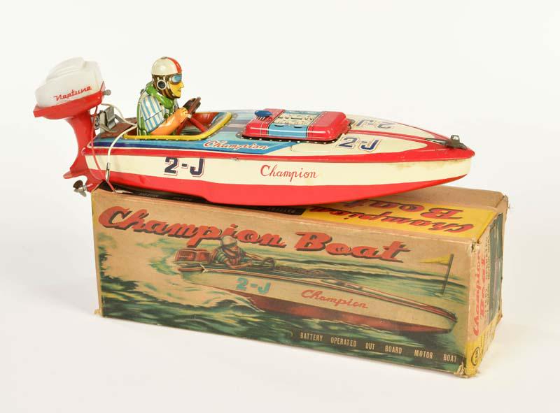 Marusan, Rennboot: Marusan, Speedboat, Japan,tin, bat. drive defective, box C 2+, C 1-