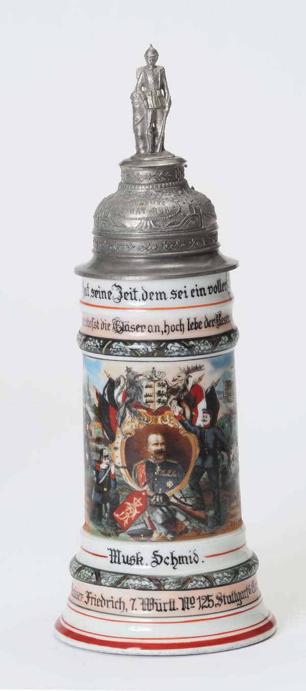 Regimental stein: Regimental stein, IR 125, Stuttgart 05-07, name-list faded, otherwise perfect, Beschreibung: Reservistenkrug, IR 125, Stuttgart 05-07, Namensleiste verblasst, sonst tadellos, (2747)