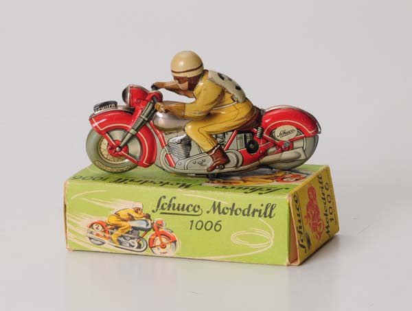 Schuco: Schuco, Motodrill motorcycle 1006, US Z. Germany, 14cm, tin, windup ok, original box condition 1, condition 1- Beschreibung: Schuco, Motodrill Motorrad 1006, US Z. Germany, 14cm, Blech, Uhrwerk ok, Ok
