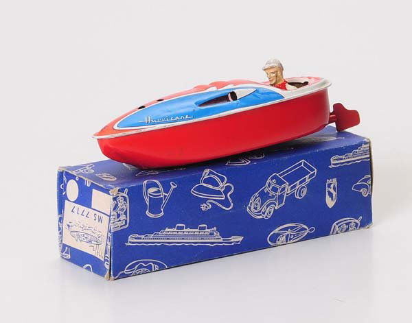 Seidel: Seidel, Hurricane motorboat (candle-boat), W.-Germany, tin, original box one clip missing otherwise good, condition 1-, Beschreibung: Seidel, Hurricane Motorboot (Kerzenboot), W.-Germany, 17 cm, Blech