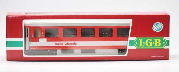 LGB: LGB, 3267 Furka-Oberalp four-axle Wagon with Figures, W.-Germany, mixed material, original box condition 1, condition 1 Deutsche Beschreibung: LGB, 3267 Furka-Oberalp vierachsiger Wagon mit Figuren, W