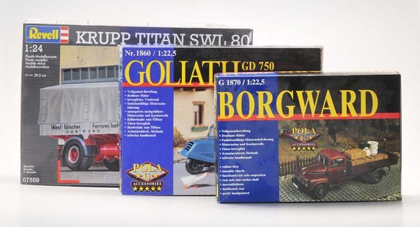 LGB: LGB/Pola and Revell, 3 Car Construction Sets: Borgward, Krupp Truck, Goliath GP 750, mixed material, original box condition 1-, condition 1 Deutsche Beschreibung: LGB/Pola und Revell, 3 Auto Bausätze