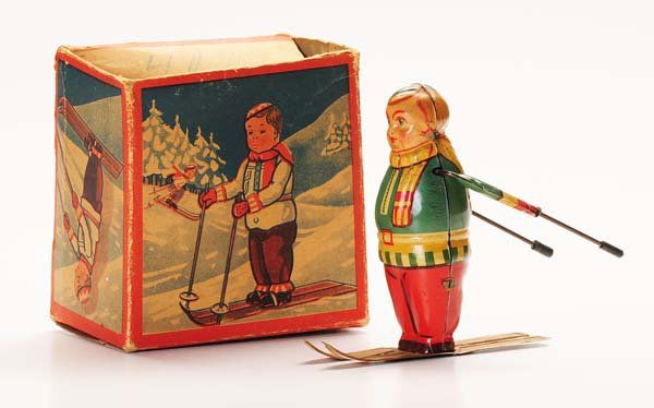 Blomer & Schüler: Blomer& Schüler. skier 220. US Zone Germany. 11cm. windup ok. original box damaged one clip missing. condition 2 Deutsche Beschreibung: Blomer& Schüler. Skifahrer 220. US Zone Germany. 11cm. Uhrwer