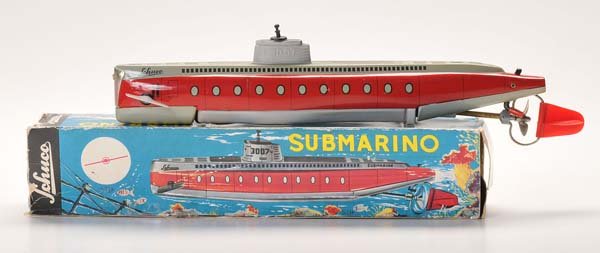 Schuco: Schuco. Submarino 3007. W.-Germany. clips of original box missing. condition 1-. Deutsche Beschreibung: Schuco. Submarino 3007. W.-Germany. 33 cm. Laschen des Okt fehlen. Z 1-.