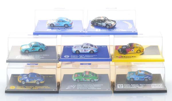 Porsche: Euromodell, 8 Models 911, plastic, original box condition 1, condition 1 Euromodell, 8 Modelle 911, je 5cm, Kunststoff, Okt Z 1, Z 1