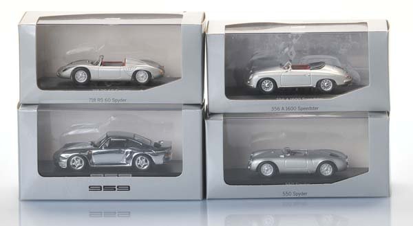 Porsche: Porsche Design, 4 Porsche Models (959, 356, 918 Spyder, 550 Spyder), 1/43, original box condition 1, condition 1 Porsche Design, 4 Porsche Modelle (959, 356, 918 Spyder, 550 Spyder), 1/43, Okt Z 1, Z 