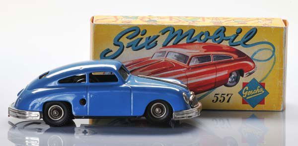 Porsche: Gescha, Porsche 356 'Sixmobil', W.-Germany, tin, windup and functions ok, reprobox, condition 1- Gescha, Porsche 356 'Sixmobil', W.-Germany, 22cm, Blech, Uhrwerk und Funktionen ok, Reprobox, Z 1-