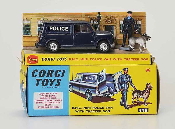 Corgi Toys: English Description: Corgi Toys, Mini Police Van (448), England, 1:43, diecast, original box condition 1, with figures, condition 1, Deutsche Beschreibung: Corgi Toys, Mini Police Van (448), England,