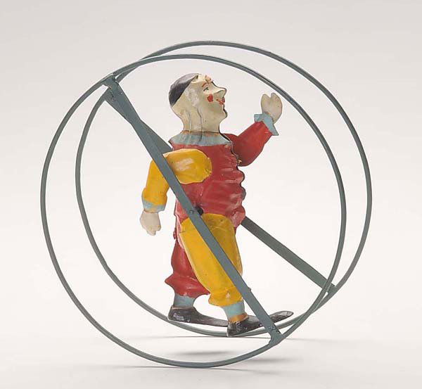 Guenthermann: English Description: Guenthermann?, Clown in Gym Wheel, Germany prewar, tin, windup defective, otherwise good, hand-painted, Deutsche Beschreibung: Günthermann?, Clown in Rhönrad, Germany VK, 18 cm