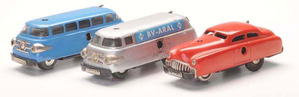Schuco: English Description: Schuco, 3x Varianto Bus and Sedan Car, W.-Germany, tin, windup ok, 1x condition 2+, 2x condition 3, Deutsche Beschreibung: Schuco, 3x Varianto Bus u. Limousine, W.-Germany, 11 cm