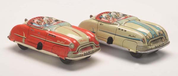 Huki: English Description: Huki, 2 Cabrios, W.-Germany, tin, windup ok, condition 1-2, Deutsche Beschreibung: Huki, 2 Cabrios, W.-Germany, je 9 cm, Blech, Uhrwerk ok, Z 1-2, (3009)