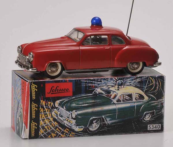 Schuco: English Description: Schuco, Alarm Car, W.-Germany, 22cm, tin, battery drive ok, reprobox, batterie case rusty, condition Z 2- Deutsche Beschreibung: Schuco, Alarm Car, W.-Germany, 22cm, Blech, Batter