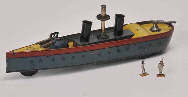 Hess: English Description: Hess, Canon Boat, Germany prewar, 23cm, tin, functions ok, with 2 heyde sailors, condition 1 Deutsche Beschreibung: Hess, Kanonenboot, Germany VK, 23cm, Blech, Funktionen ok, mit