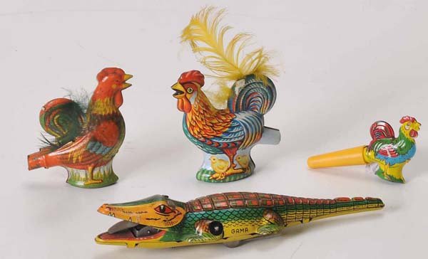 Gama: English Description: Gama, Crocodile+3 Flutes, W.-Germany, 7-16cm, tin, windup ok, condition 1-2 Deutsche Beschreibung: Gama, Krokodil+3 Flöten, W.-Germany, 7-16cm, Blech, Uhrwerk ok, Z 1-2, (3009)