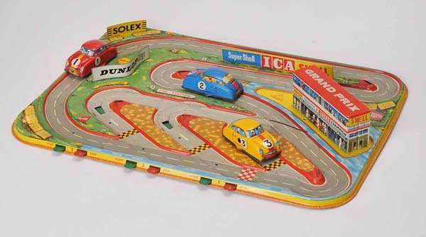 Technofix: English Description: Technofix, Grand Prix Rail, W.-Germany, tin, windup ok, condition 2+, Deutsche Beschreibung: Technofix, Grand Prix Bahn, W.-Germany, 50x36 cm, Blech, Uhrwerk ok, Z 2+, (1679)