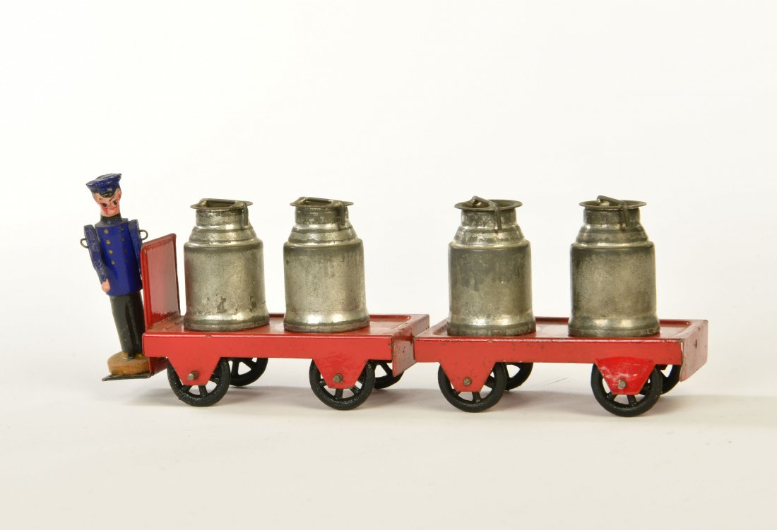 Maerklin, Karren mit 4 Milchkannen: Maerklin, Cart with 4 Milk Cans, Germany pw, gauge 0, tin, min. paint d., otherwise good good condition