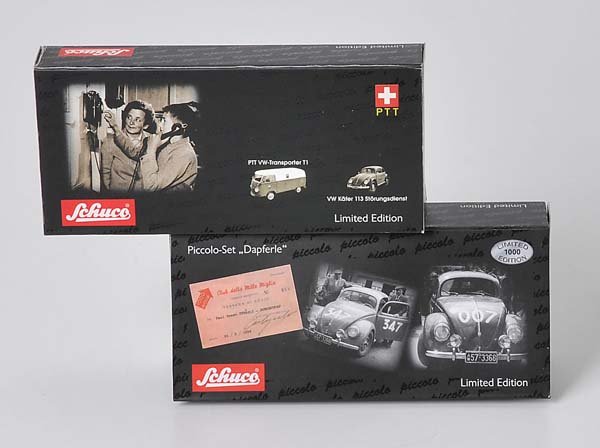 Convolute: Convolute Model Cars Schuco, VW, Germany, original box condition 1, condition 1, Deutsche Beschreibung: Konvolut Schuco Piccolo VW 2er-Set Schweizer Post, limitierte Auflage, VW Käfer 2er-Set 'Dapfer