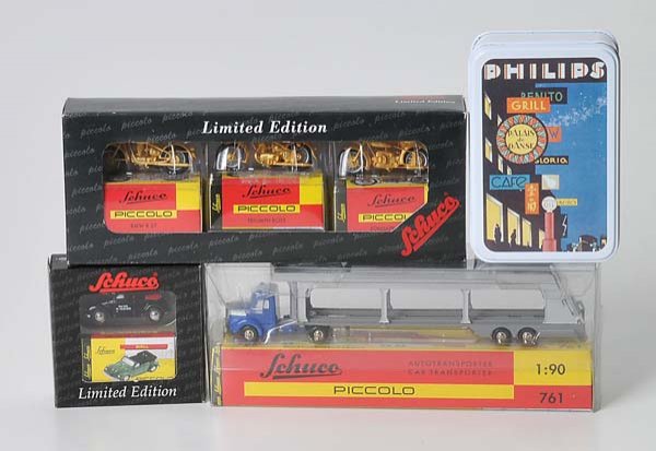 Convolute: Convolute Schuco Piccolo, Germany, original box condition 1, condition 1, Deutsche Beschreibung: Konvolut Schuco Piccolo: Krupp Autotransporter 761, VW Käfer 'New York 16.-19.02.2003', Motorradhändl