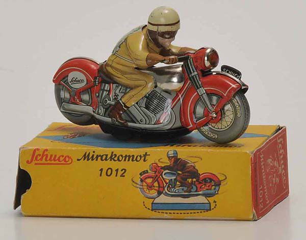 Schuco: Schuco, Mirakomot Motorbike, US Zone Germany, tin, windup ok, minimal paint damage, one side of original box restored condition 2-, condition 1-, Deutsche Beschreibung: Schuco, Mirakomot Motorrad, US