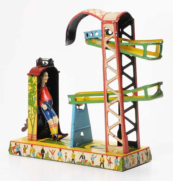 Gely: Gely, Pitcher, Germany prewar, H 25cm, tin, windup ok, functions ok, 2 clips of the pitcher are missing, apart from that very good condition Deutsche Beschreibung: Gely, Ballwerfer, Germany VK, H 25cm