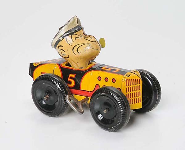 Marx: Marx, Popeye in Racing Car, USA, 13cm, tin, windup ok, minimal paint damage, condition 2+ Deutsche Beschreibung: Marx, Popeye im Rennwagen, USA, 13cm, Blech, Uhrwerk ok, minimale Lackmängel, Z 2+, (2