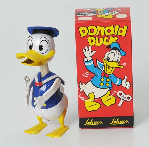 Schuco: Schuco, Donald, W.-Germany, 14cm, tin, windup ok, original box condition 1, 2 scrapers, otherwise perfect condition Deutsche Beschreibung: Schuco, Donald, W.-Germany, 14cm, Blech, Uhrwerk ok, Okt Z 1,